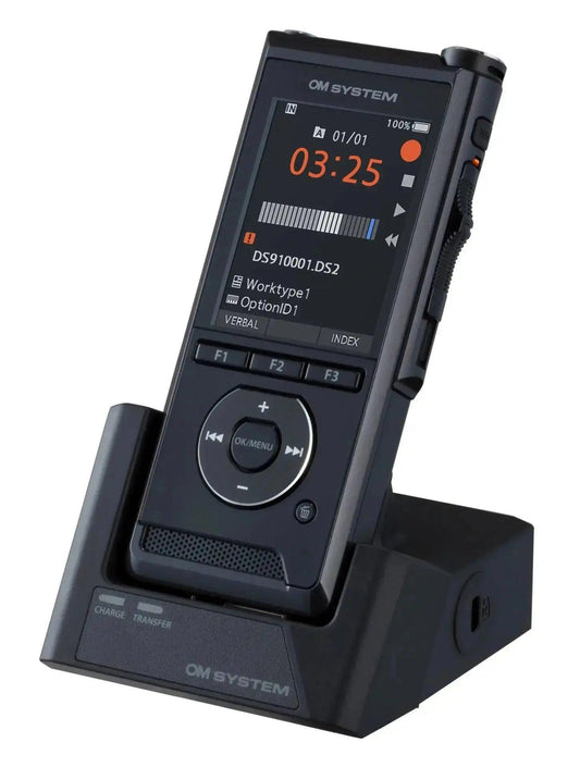 The Olympus OM System DS-9100 recorder on a white background in CR21 docking cradle