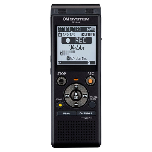 a black digital recorder with a white background